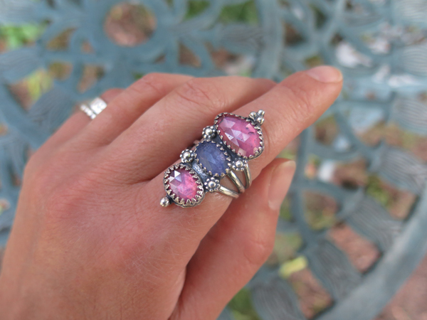 Sapphire Tanzanite three stone flower ring