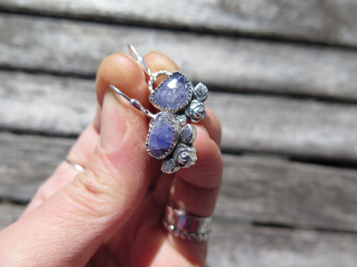 Tanzanite silver rose earrings